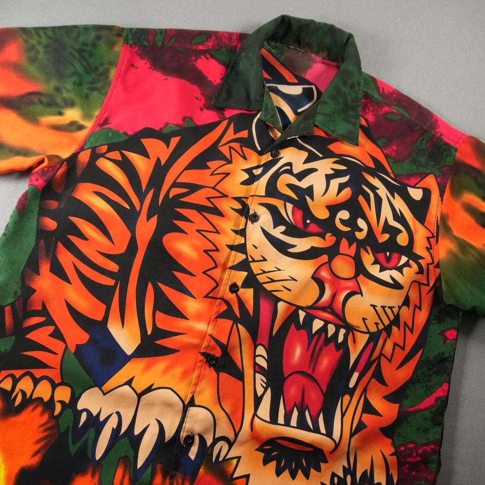 Tiger Fire Graphic Camp Collar Vacation Resort Tattoo Street Men Shirt XL